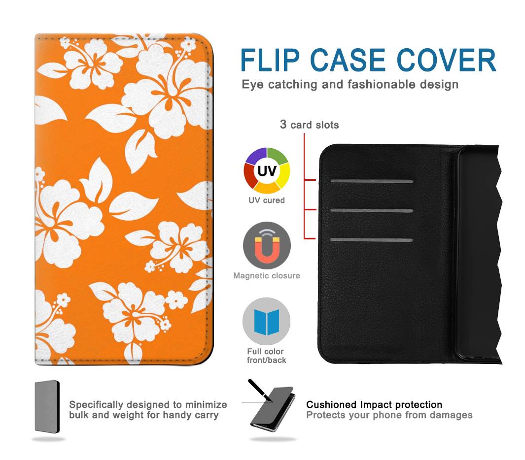 Flip case iPhone 12 Pro, 12 Hawaiian Hibiscus Orange Pattern