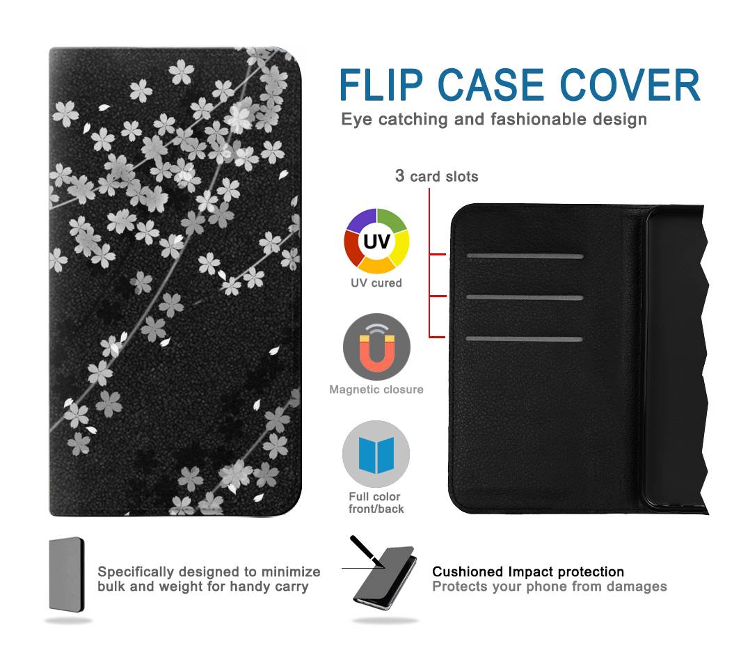 Flip case Motorola Moto G Play (2021) Japanese Style Black Flower Pattern