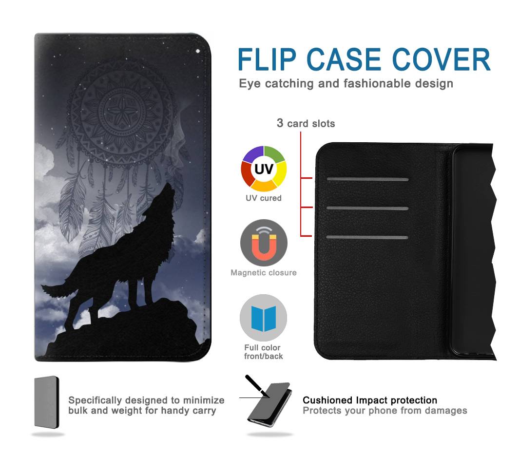 Flip case iPhone 12 Pro, 12 Dream Catcher Wolf Howling