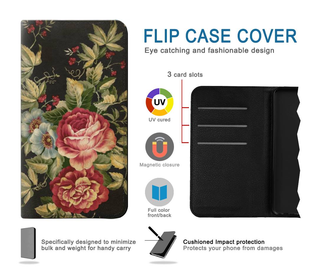 Flip case iPhone 12 Pro, 12 Vintage Antique Roses