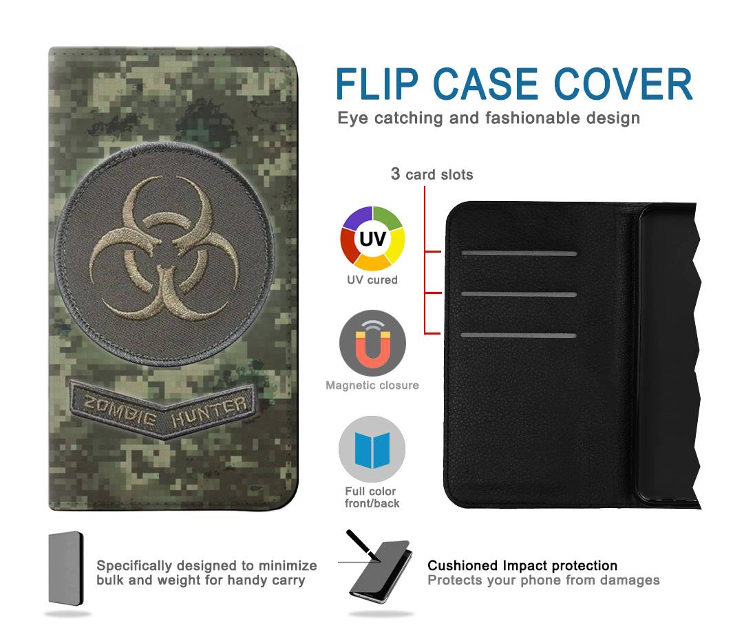 Flip case iPhone 12 Pro, 12 Biohazard Zombie Hunter Graphic