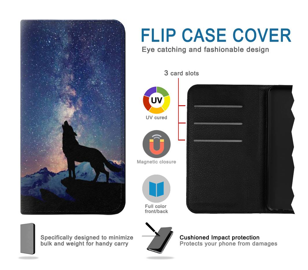 Flip case Samsung Galaxy A52, A52 5G Wolf Howling Million Star