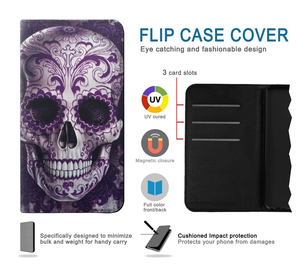 Flip case iPhone 7, 8, SE (2020), SE2 Purple Sugar Skull