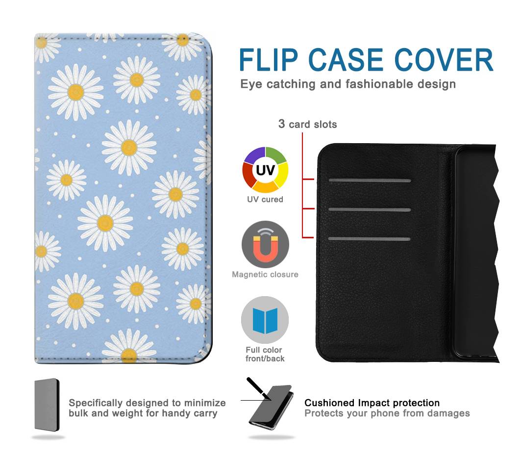 Flip case Samsung Galaxy J3 (2018), J3 Star, J3 V 3rd Gen, J3 Orbit, J3 Achieve, Express Prime 3, Amp Prime 3 Daisy Flowers Pattern