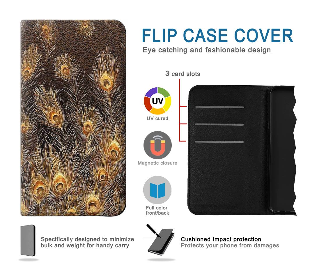 Flip case iPhone 13 Pro Max Gold Peacock Feather