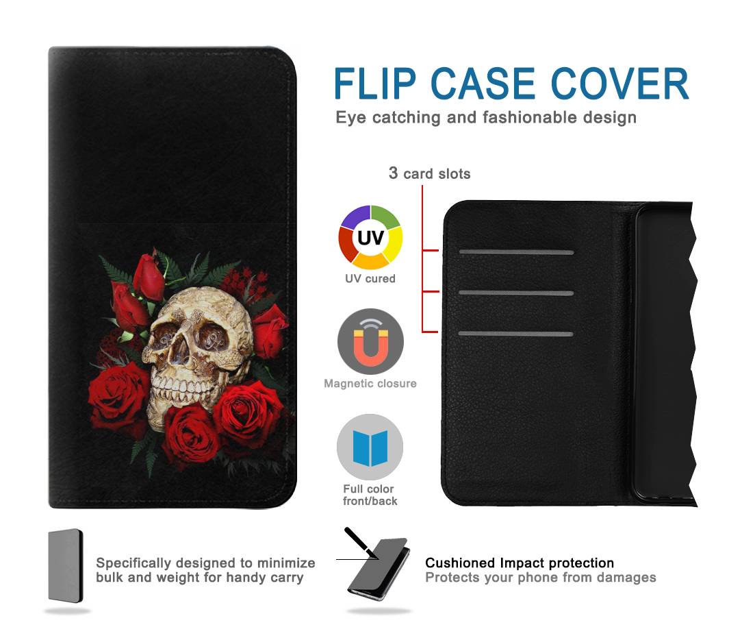 Flip case Samsung Galaxy J7 (2018), J7 Aero, J7 Top, J7 Aura, J7 Crown, J7 Refine, J7 Eon, J7 V 2nd Gen, J7 Star Dark Gothic Goth Skull Roses