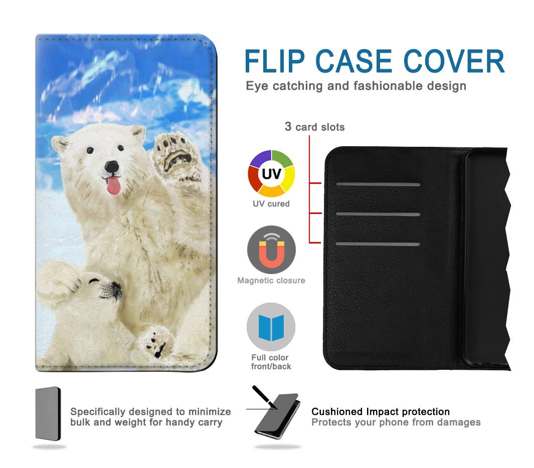 Flip case Samsung Galaxy J3 (2018), J3 Star, J3 V 3rd Gen, J3 Orbit, J3 Achieve, Express Prime 3, Amp Prime 3 Arctic Polar Bear in Love with Seal Paint