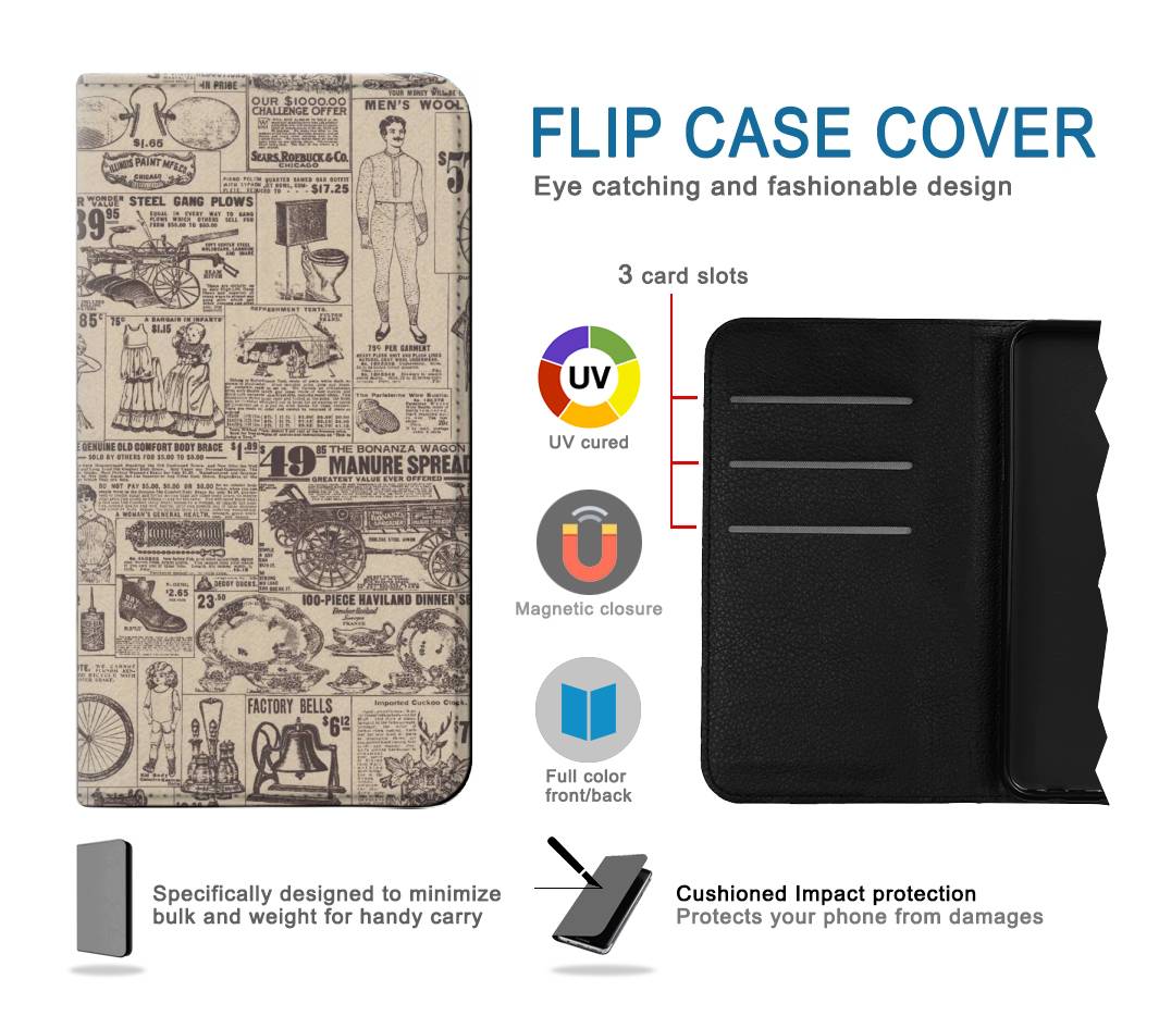 Flip case iPhone 12 Pro, 12 Retro Vintage Paper